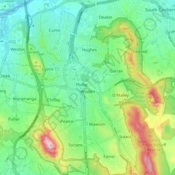 District of Woden Valley topographic map, elevation, terrain