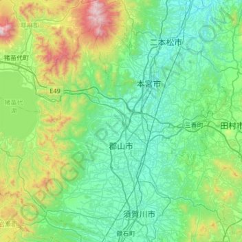 Koriyama topographic map, elevation, terrain