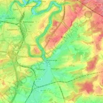 Hesperange topographic map, elevation, terrain