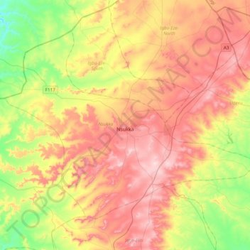 Nsukka topographic map, elevation, terrain