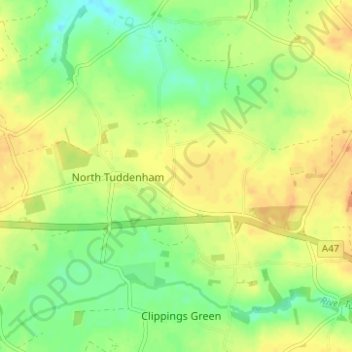 North Tuddenham topographic map, elevation, terrain
