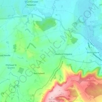 Okeford Fitzpaine topographic map, elevation, terrain