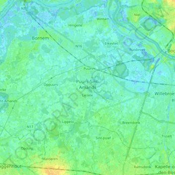 Puurs-Sint-Amands topographic map, elevation, terrain