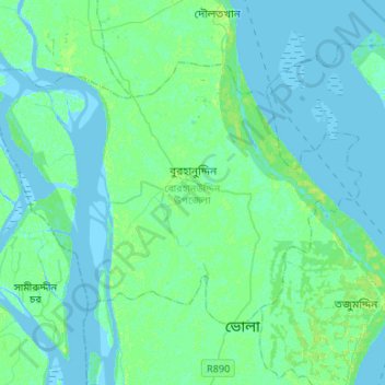 Borhanuddin Subdistrict topographic map, elevation, terrain