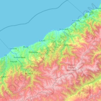 Rize topographic map, elevation, terrain