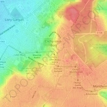 Clichy-sous-Bois topographic map, elevation, terrain