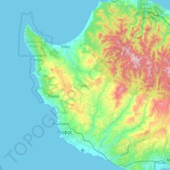 Paphos topographic map, elevation, terrain