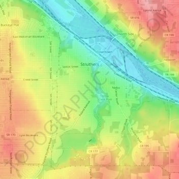 Struthers topographic map, elevation, terrain