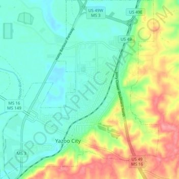Yazoo City topographic map, elevation, terrain