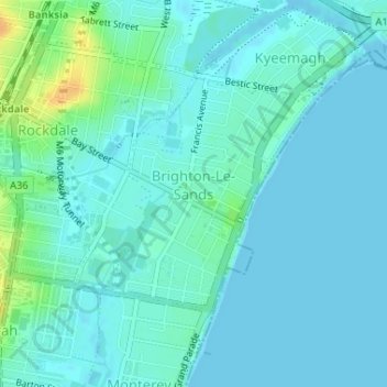 Brighton-Le-Sands topographic map, elevation, terrain