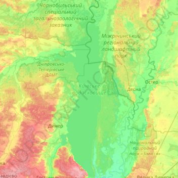 Kyiv Reservoir topographic map, elevation, terrain