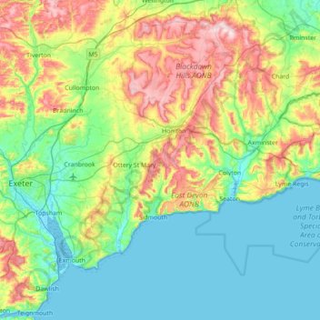 East Devon topographic map, elevation, terrain