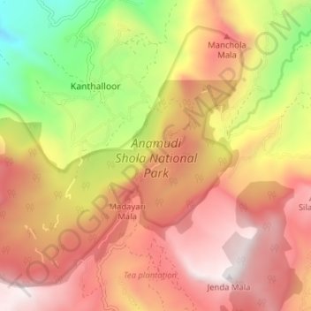 Anamudi Shola National Park topographic map, elevation, terrain