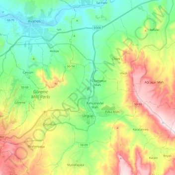 Ürgüp topographic map, elevation, terrain