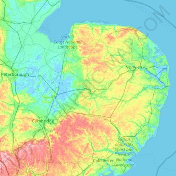 East Anglia topographic map, elevation, terrain