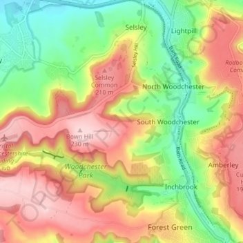Woodchester topographic map, elevation, terrain