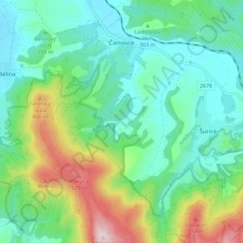 Čamovce topographic map, elevation, terrain