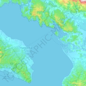 Golfo Dulce topographic map, elevation, terrain