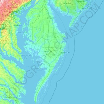 Delmarva Peninsula Topographic Map Elevation Terrain   Thumbnail 