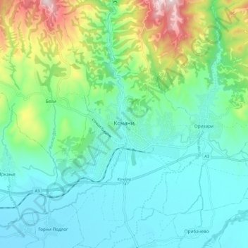 Kochani topographic map, elevation, terrain