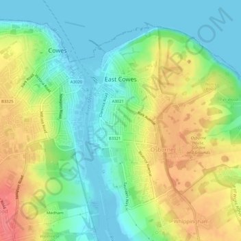East Cowes topographic map, elevation, terrain