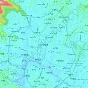 Kathmandu Metropolitan City topographic map, elevation, terrain