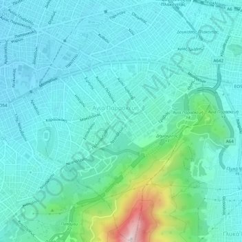 Dème d'Agía Paraskeví topographic map, elevation, terrain