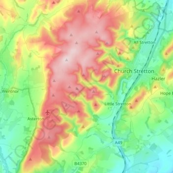 Long Mynd topographic map, elevation, terrain