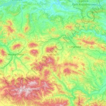 Limanowa County topographic map, elevation, terrain
