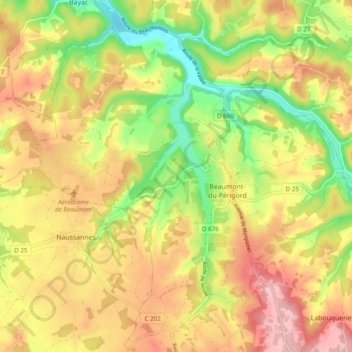 Beaumont-du-Périgord topographic map, elevation, terrain