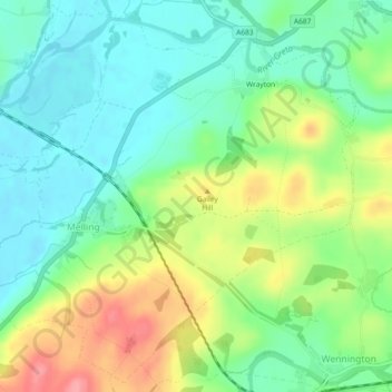 Melling-with-Wrayton topographic map, elevation, terrain