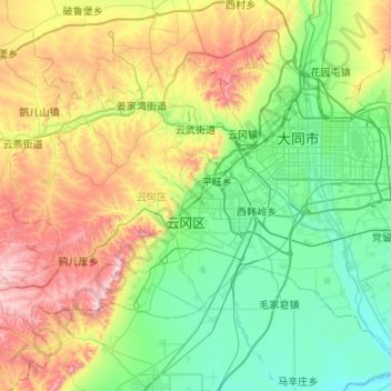 Yungang District topographic map, elevation, terrain