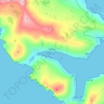 Vágur topographic map, elevation, terrain