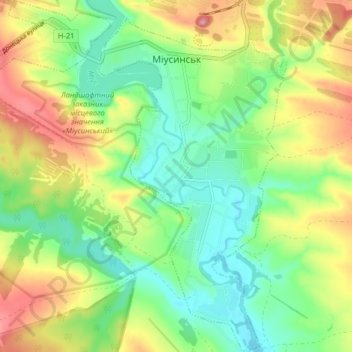 Miusynsk topographic map, elevation, terrain