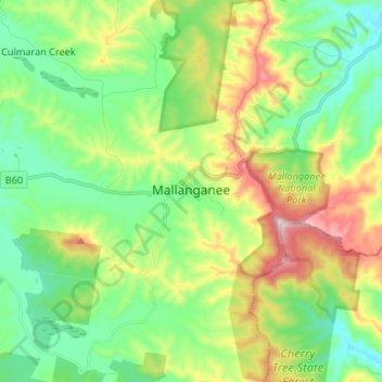 Mallanganee topographic map, elevation, terrain