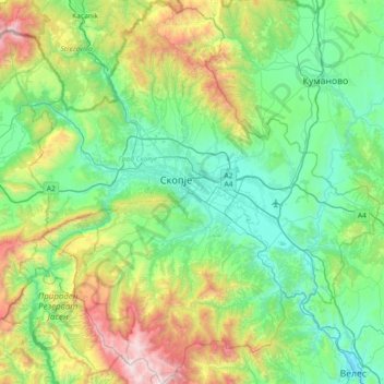 Région de Skopje topographic map, elevation, terrain
