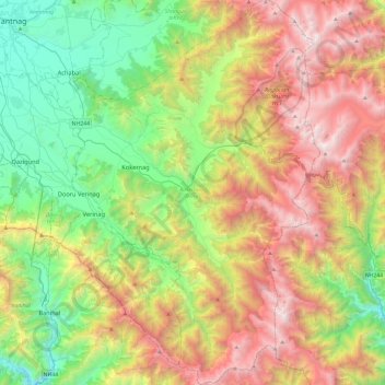 Kokernag Tehsil topographic map, elevation, terrain
