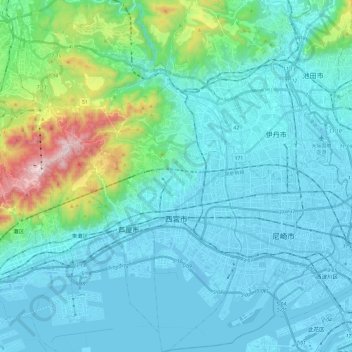 Nishinomiya topographic map, elevation, terrain