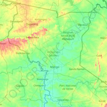 Région des Savanes topographic map, elevation, terrain