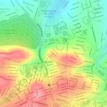 Melville Koppies Central topographic map, elevation, terrain