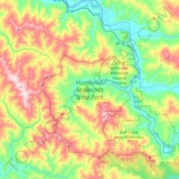 Humboldt Redwoods State Park topographic map, elevation, terrain