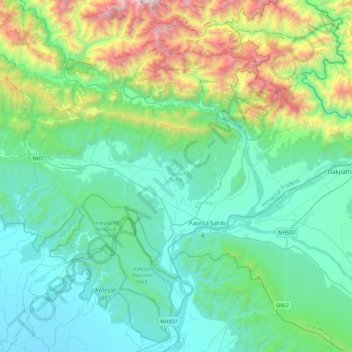 Paonta Sahib topographic map, elevation, terrain