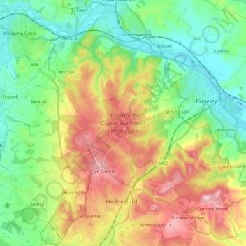 Cannock Chase National Landscape topographic map, elevation, terrain