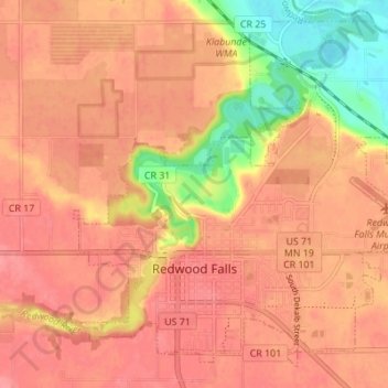 Redwood Falls topographic map, elevation, terrain