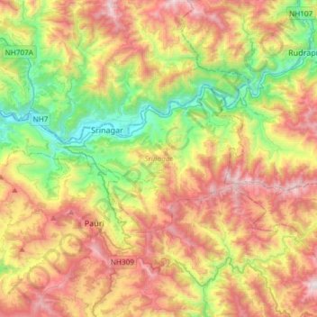 Srinagar topographic map, elevation, terrain