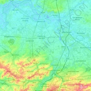 Brussels–Scheldt Maritime Canal topographic map, elevation, terrain