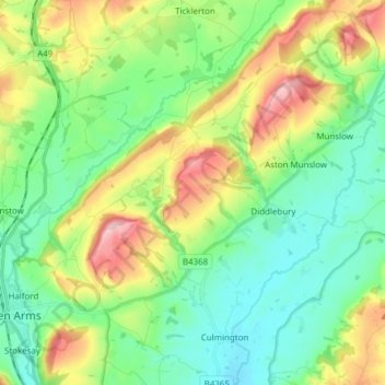 Diddlebury topographic map, elevation, terrain