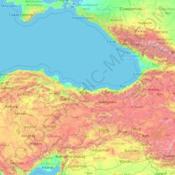 Black Sea Region topographic map, elevation, terrain