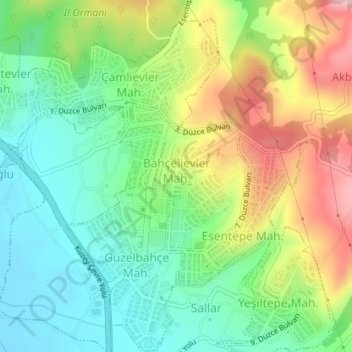 Bahçelievler Mahallesi topographic map, elevation, terrain