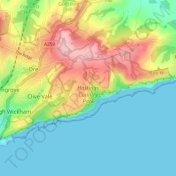 Hastings Country Park topographic map, elevation, terrain